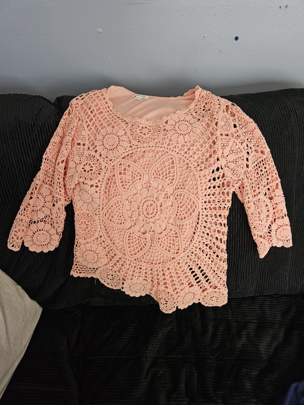 Ultra Pink Peach Crochet Overlay Blouse